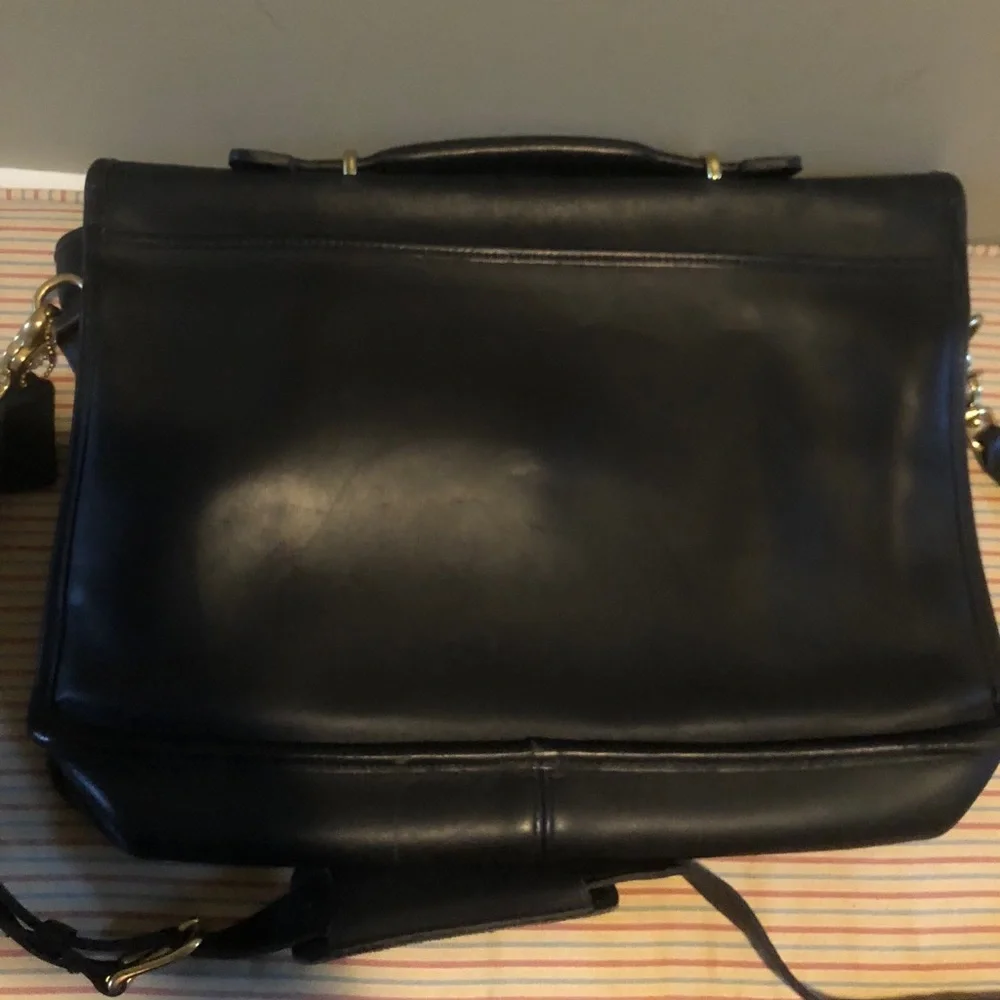 Coach Black Leather Laptop Briefcase with Gold Turn-Lock